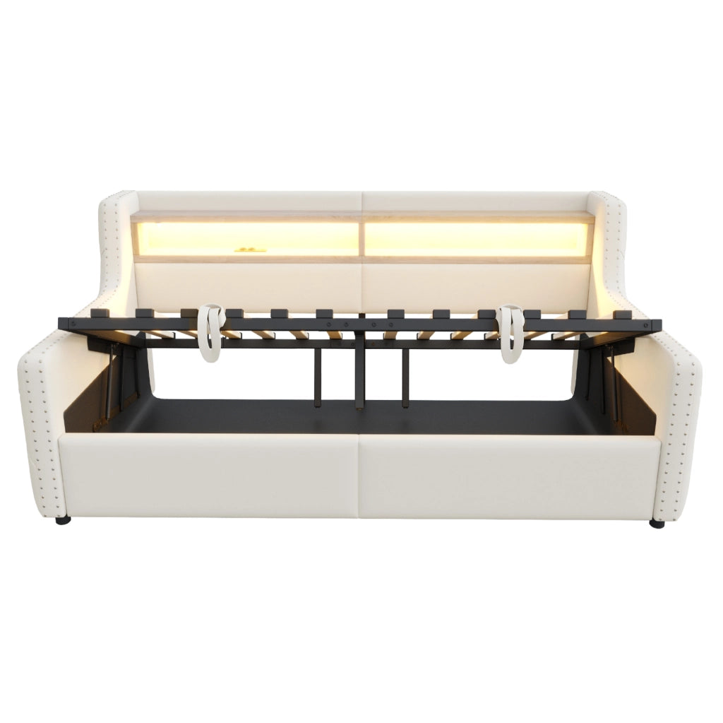Divano letto 90x200 cm; con LED e vano contenitore; velluto beige