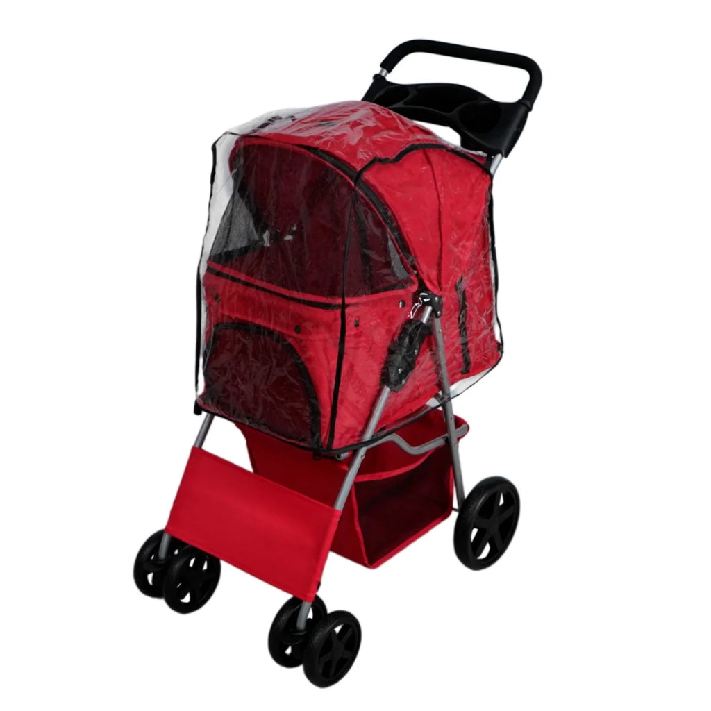 Passeggino per animali domestici Trasportino pieghevole Trolley da viaggio per gatti e cani Copertura anti-pioggia – Rosso