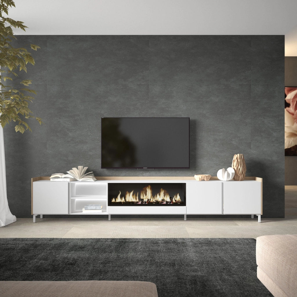 Mobile TV Soggiorno, 315x61x35 cm, Per TV fino a 80", Camino elettrico XXL, Design industriale, LED, Bianco e Rovere soft