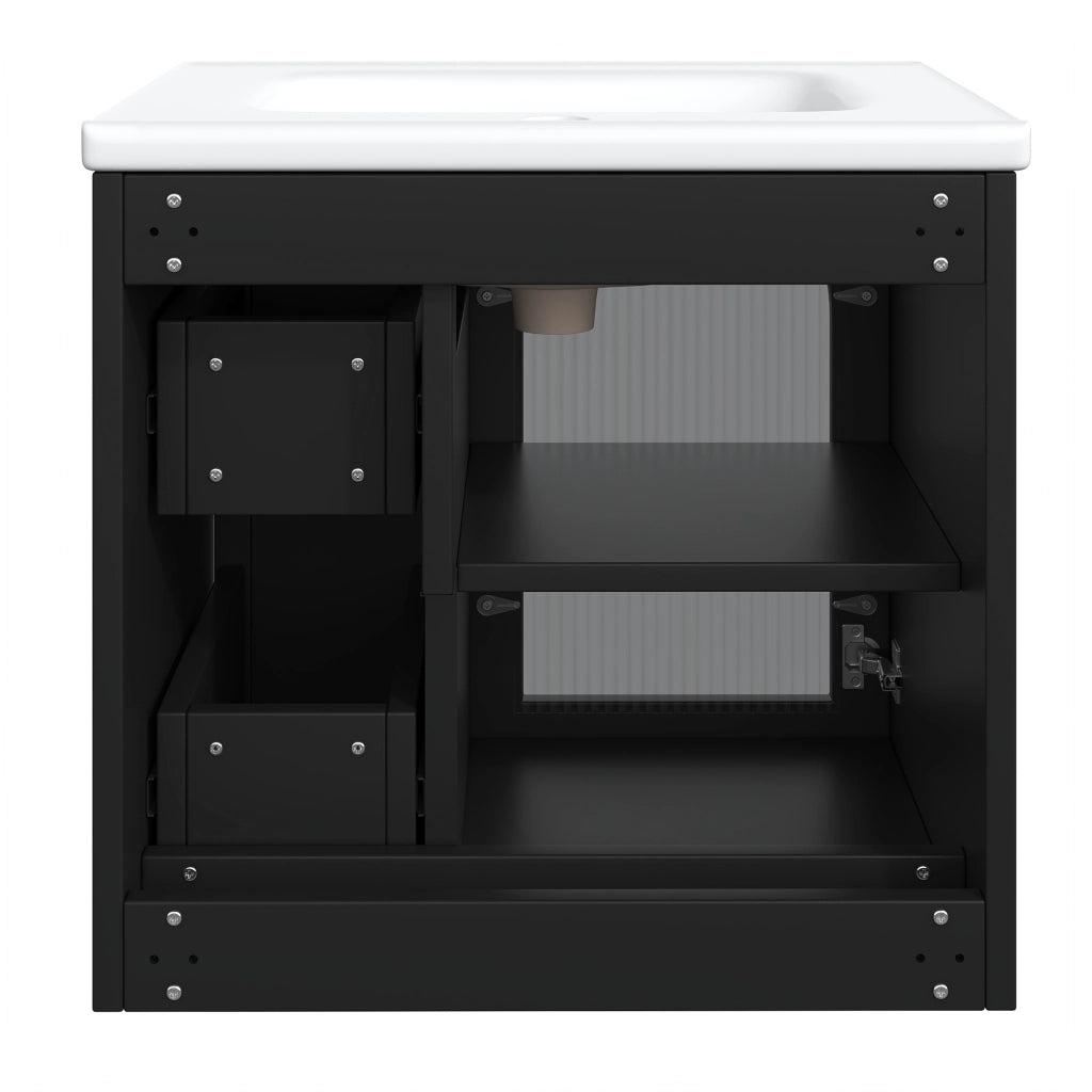 Mobile sottolavabo da bagno a parete con lavabo in ceramica LED anta in vetro rigato e chiusura soft close nero