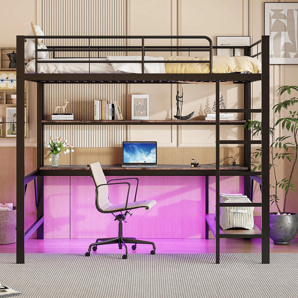 Letto mezzanino 140x200cm - Xylo - nero, USB, scaffale a livelli