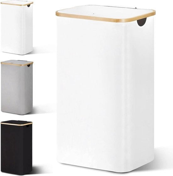 Wascio 85 litri con coperchio - Raccoglitore d'acqua sporca sottile - Wascio pieghevole in legno bambù - Wascio alto bianco con sacco per bucato