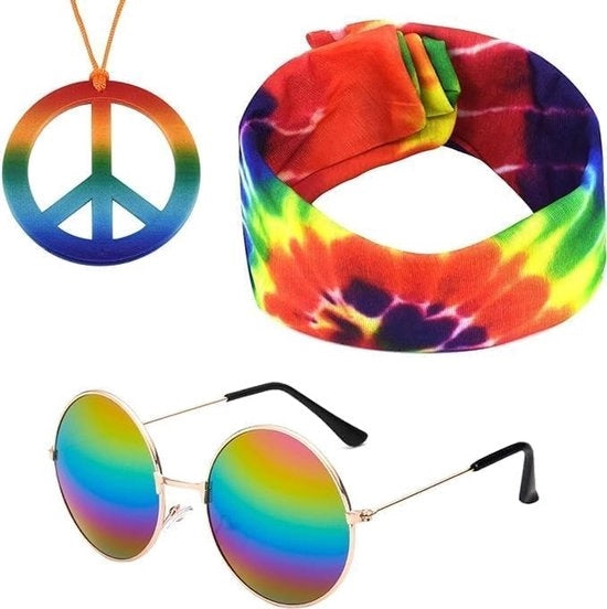 Set a tema hippie 3 pezzi - Occhiali da sole retro - Collana con simbolo della pace - Cintura colorata - Abito da festa anni '60/70