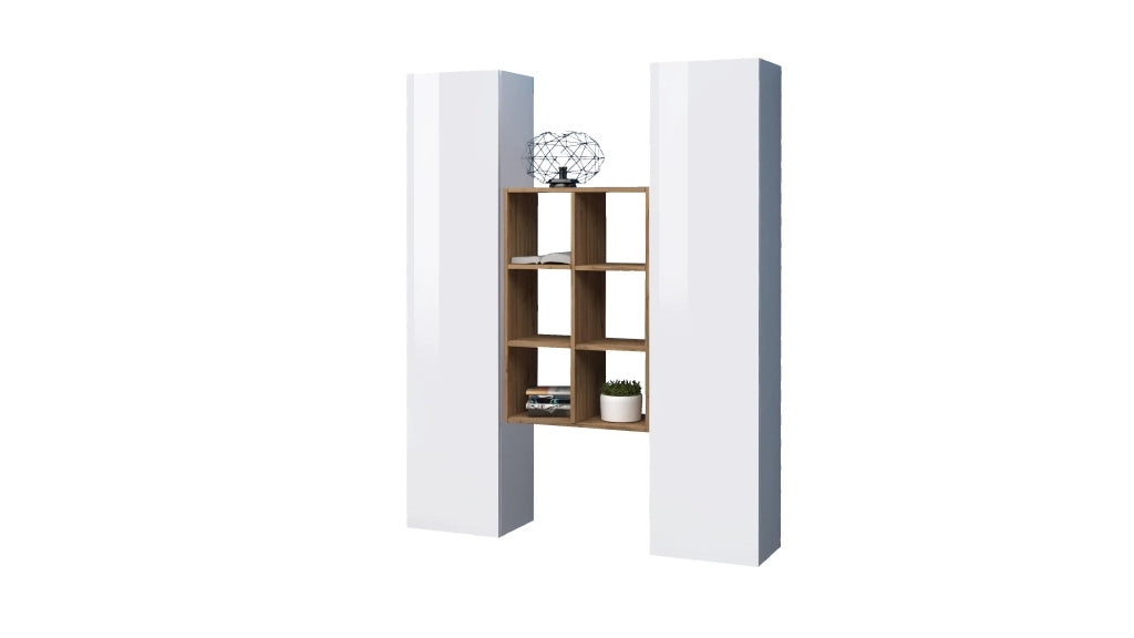 Parete attrezzata sospesa bianca 2 armadi libreria 6 ripiani Gemy WH