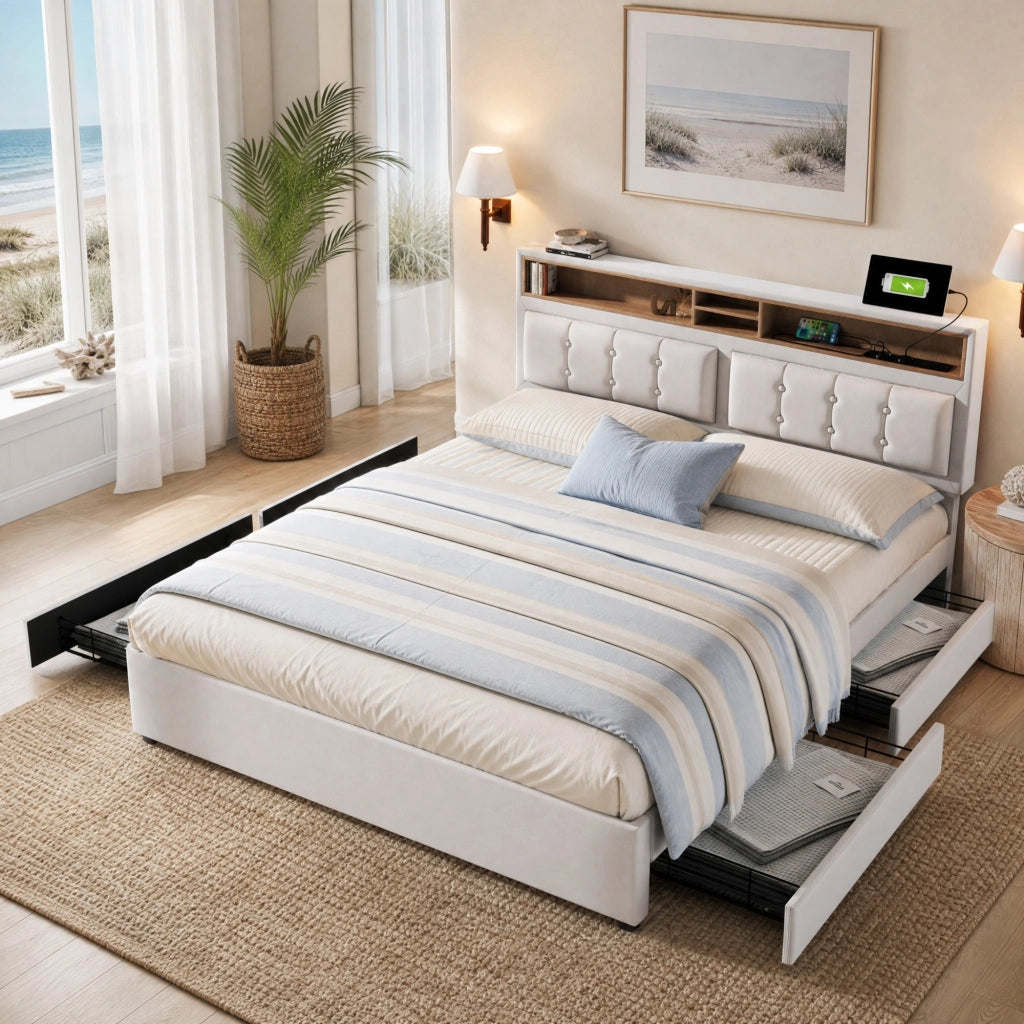 DESMIU Letto Matrimoniale Imbottito 160 × 200 cm con 4 Cassetti, USB, Tipo C e Testiera Regolabile, Senza Materasso