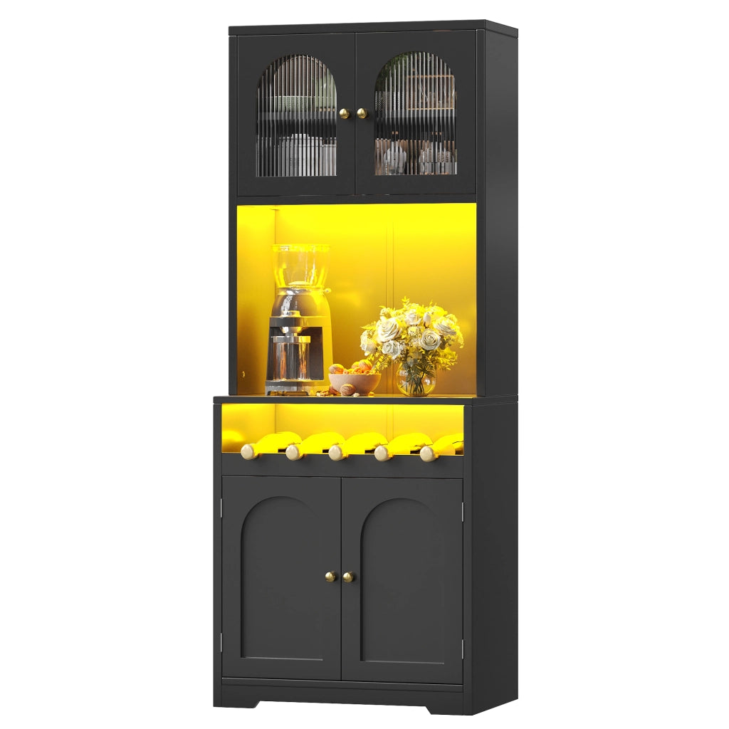 Credenza alta con ripiani regolabili e LED RGB; per cucina e soggiorno; in MDF e metallo; nera; 70×38.3×180 cm