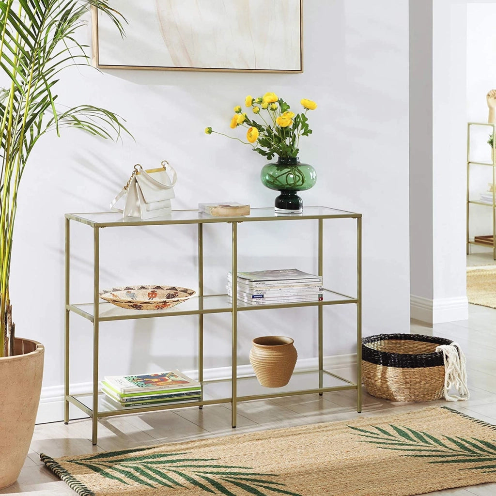 Console da salone moderna in vetro e metallo oro