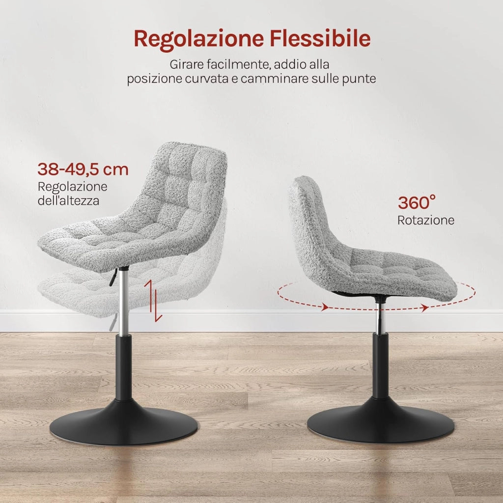 2 x Sgabelli per Toeletta Trucco, Sedia da Trucco con Schienale, Sgabello Regolabile in Altezza, Seduta in Ciniglia, Base in Metallo, Sgabello per Cucina, Camera da Letto, Grigio