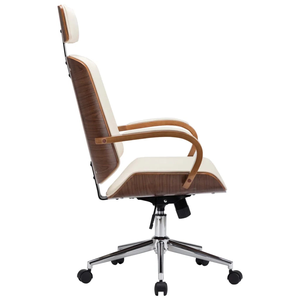 Sedia Girevole con Poggiatesta Crema Similpelle e Legno Curvato cod mxl 55964
