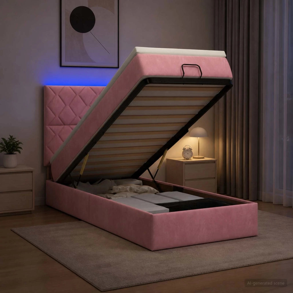 Letto Ottomano con Materasso e LED Rosa 100 x 200 cm Velluto 3458360