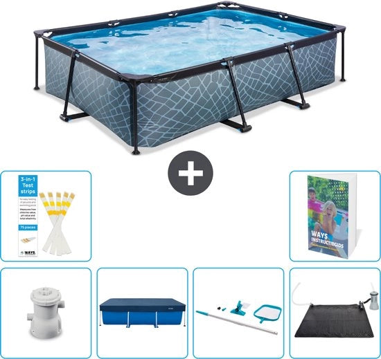 Piscina a forma rettangolare con cornice in pietra - 300 x 200 x 65 cm - Incluso sistema di pompaggio copertura - Kit di pulizia - Matrice solare - 7 pezzi