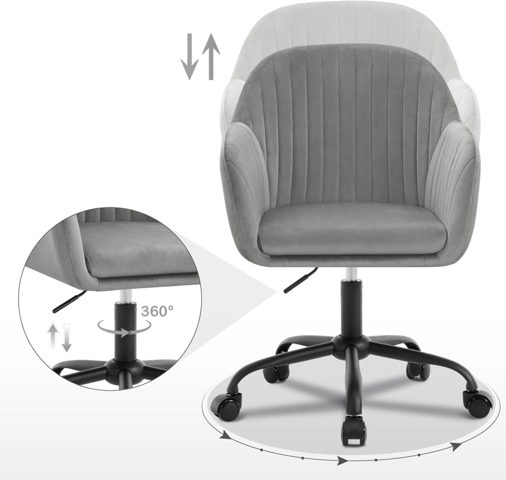 Sedia da Ufficio, Sedia da Toeletta, Poltrona Ergonomica, Ampia, in Velluto Imbottita, Regolabile in Altezza per Ufficio e Camera da Letto, Grigio Chiaro, BS166hgr