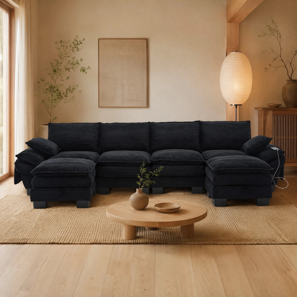 Divano modulare 4 posti con 2 pouf; USB-C; in corduroy nero; 330x132x84 cm