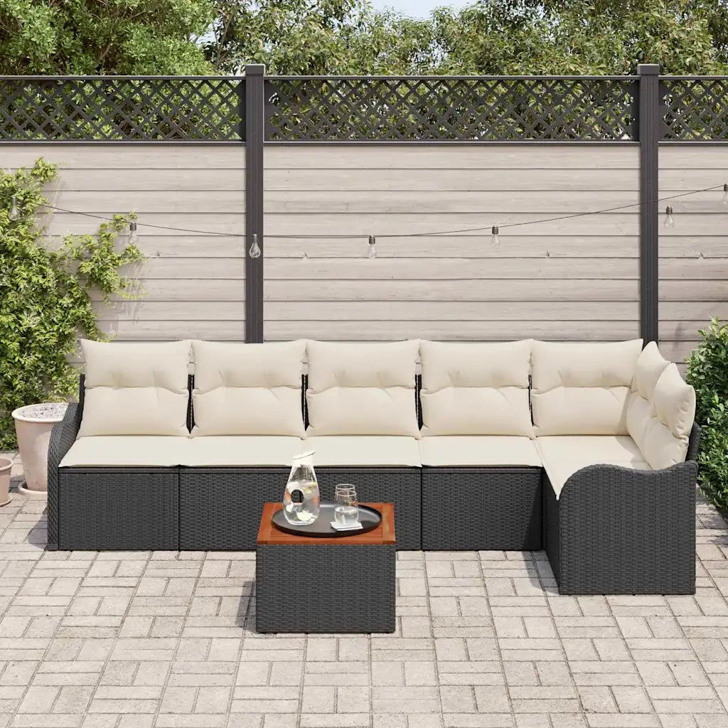 Set Divano da Giardino 7 pcs Nero e Crema polyrattan