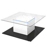 Tavolino basso fisso con piano in vetro temperato; LED regolabile e ruote piroettanti per soggiorno; 80×80×40 cm