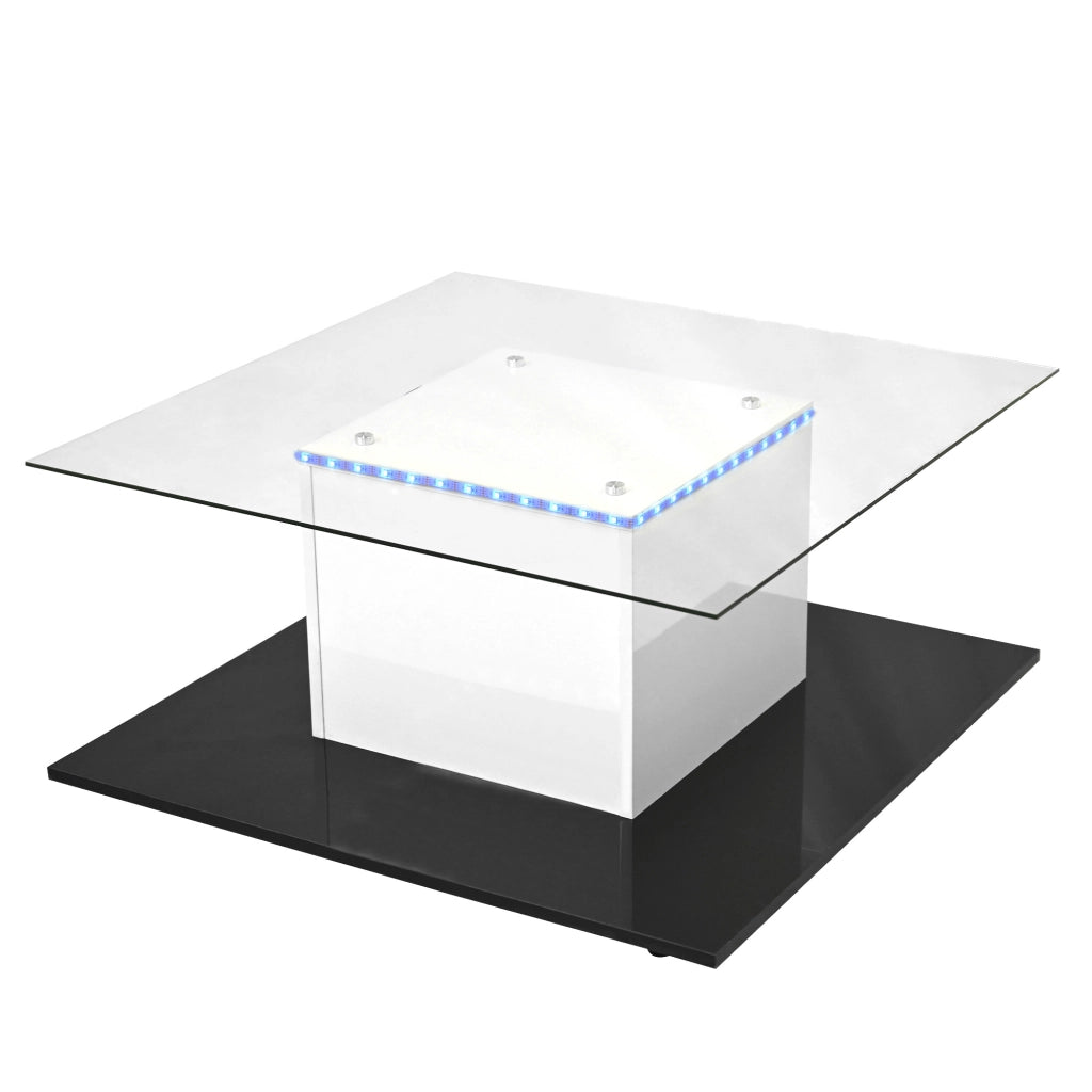 Tavolino basso fisso con piano in vetro temperato; LED regolabile e ruote piroettanti per soggiorno; 80×80×40 cm