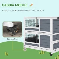 Conigliera in Legno da Interno a 2 Livelli con Ruote, Vassoi Estraibili e Rampe, Grigio