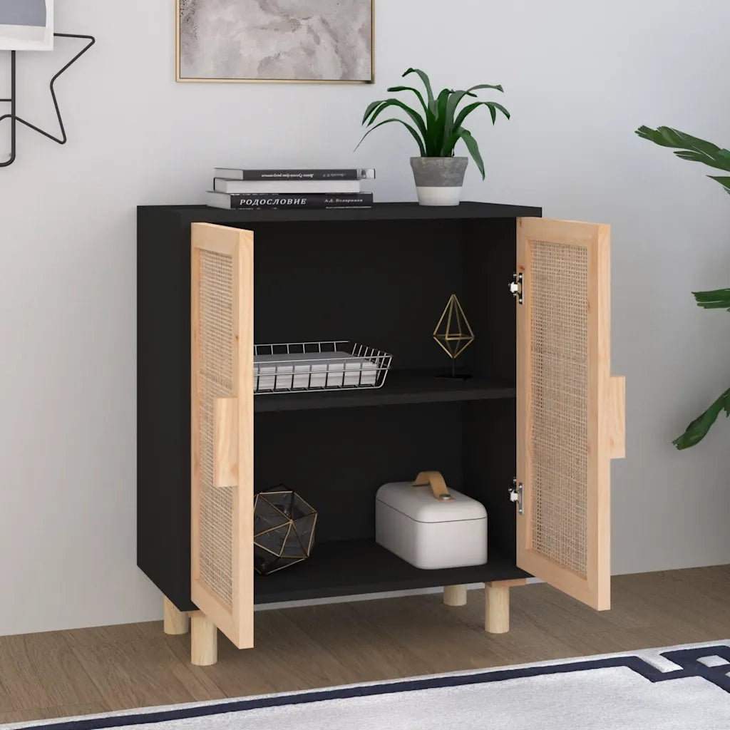 Credenza | Madia | Buffet da pranzo | Armadio da pranzo Nera 60x30x70 cm Legno Massello Pino e Rattan Naturale