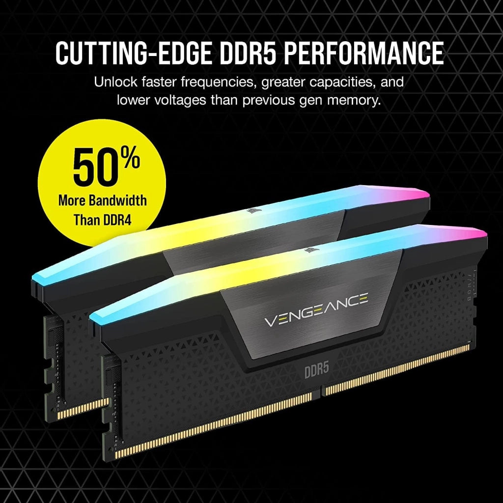 VENGEANCE RGB DDR5 RAM 32GB (2x16GB) Fino a 6400MHz CL36 Intel XMP Compatibile iCUE Memoria per Computer - Nero (CMH32GX5M2B6400C36)