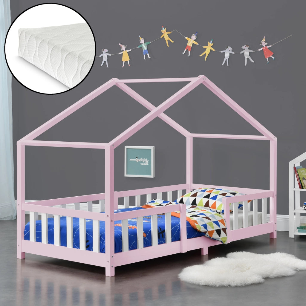 Letto per Cameretta Treviolo a Forma di Casetta con Materasso 90x200 cm Rosa / Bianco [en.casa] [neu.haus]