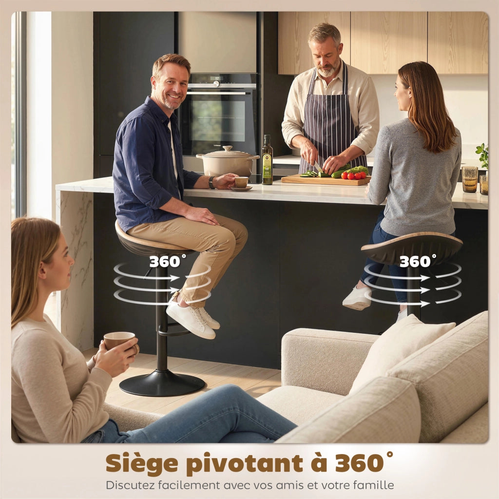 Set 2 Sgabelli da Bar Regolabili ¨C Xylo ¨C Acciaio e Rovere, Girevole 360¡ã, con Poggiapiedi