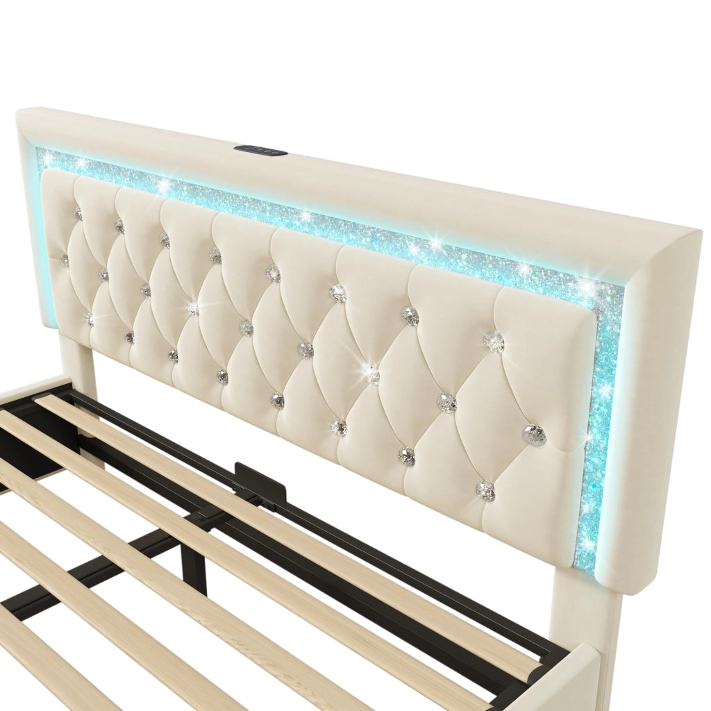 OKWISH Letto Contenitore 160×200 cm, Letto Matrimoniale con LED Regolabile, USB, Type C e Testiera Trapuntata, senza Materasso, Velluto, Beige