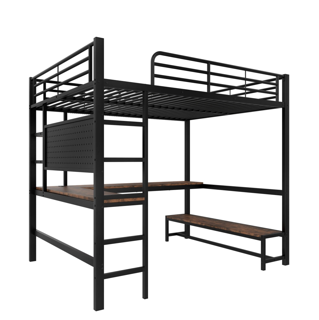 Letto a soppalco ULEVR 140x200 cm con scrivania, ripiani, LED, presa USB e Type-C, metallo e MDF nero
