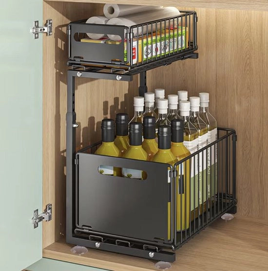 Organizzatore per armadi a doppia parete, 1 pezzo – Ripiegabile contenitore per cucina e bagno – Cassetto per carrello sotto la vasca da bagno – Capacità di carico elevata per spezie, scorte e articoli da bagno
