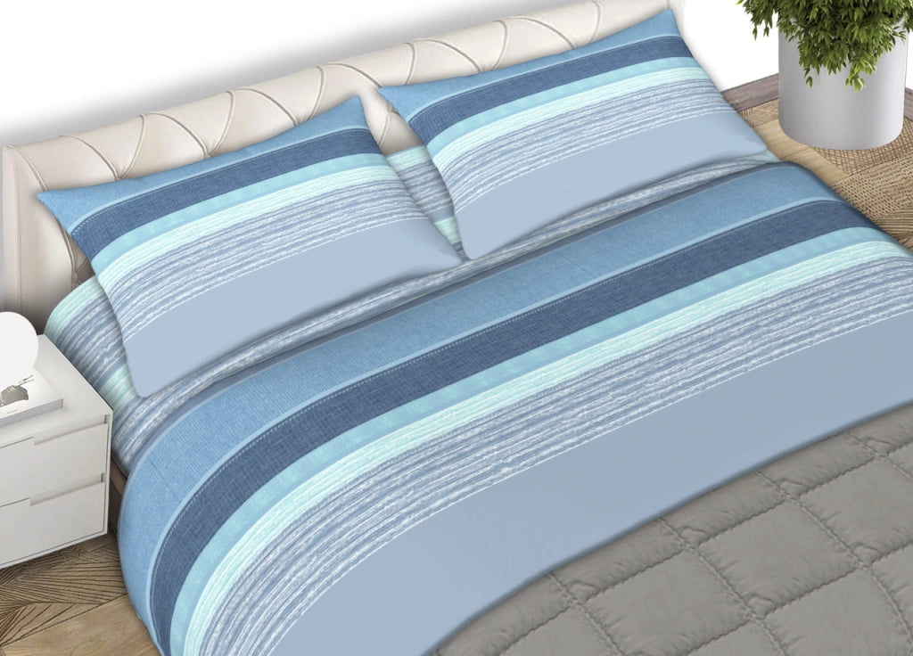 Completo Lenzuola 100% Cotone Made Italy Fantasia Rigata Banded C.N - Matrimoniale - Azzurro