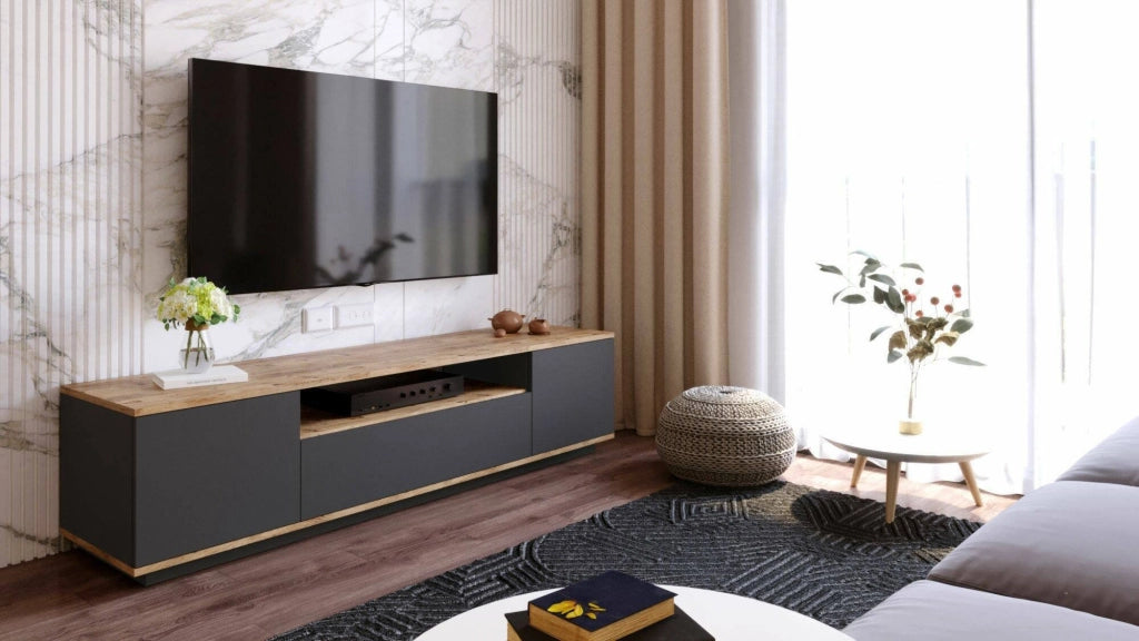 Mobile porta TV Asellina, Credenza da soggiorno, Armadio basso per TV, Base parete attrezzata, 180x45h45 cm, Quercia e Antracite