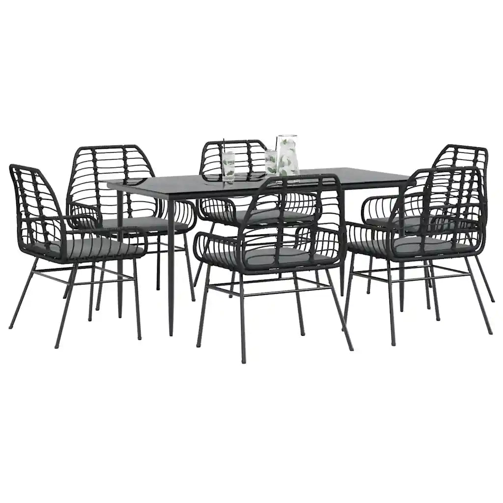 Set Pranzo da Giardino 7 pz Nero con Cuscini Polyrattan Vetro 3334454