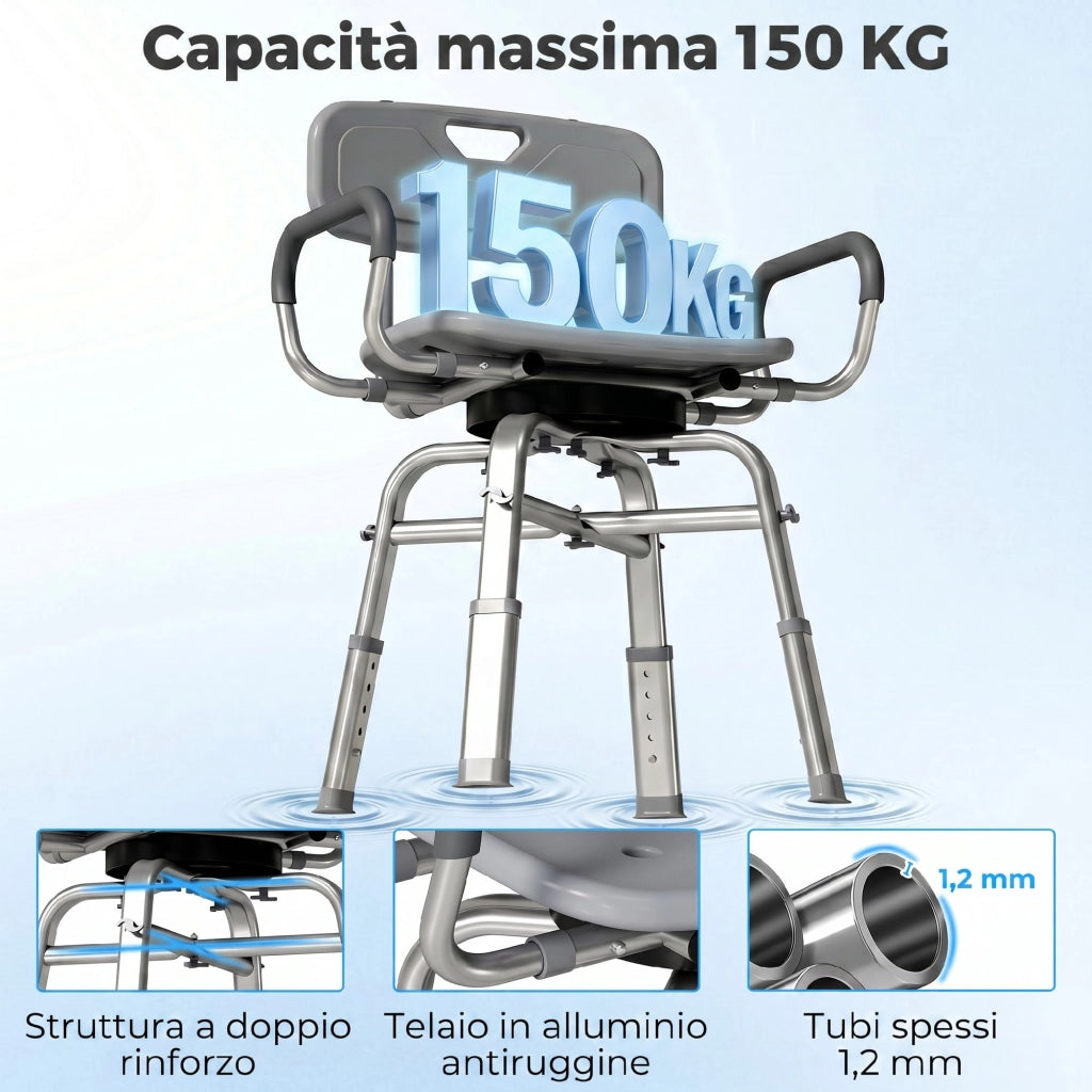 Sedia per Doccia Girevole 57x48x74-86 cm con Braccioli Schienale Capacità 150 kg in Alluminio e HDPE Grigio