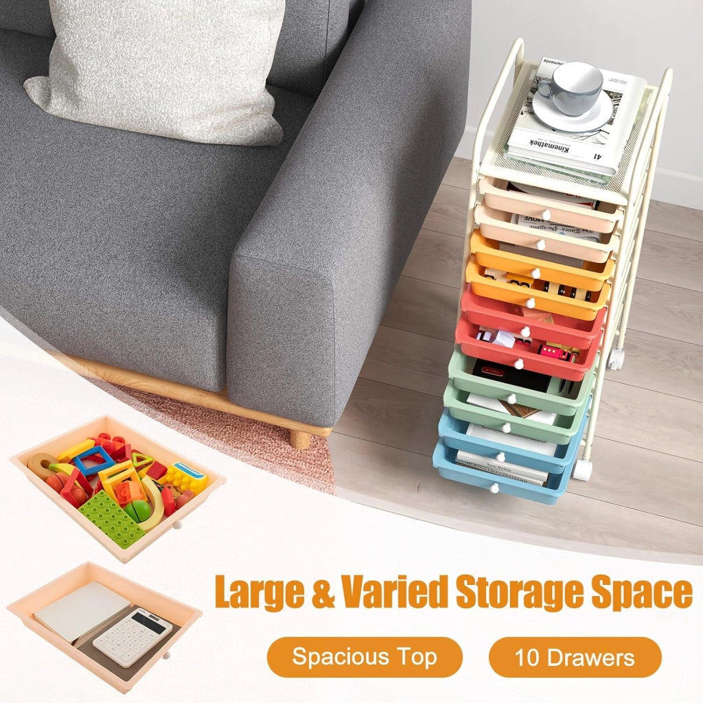 Carrello Portaoggetti con 10 Cassetti, Telaio in Metallo e Struttura in Plastica, 4 Ruote di cui 2 con Freno, Organizer Multiuso per Ufficio, Cucina e Bagno, 33 x 37 x 86 cm