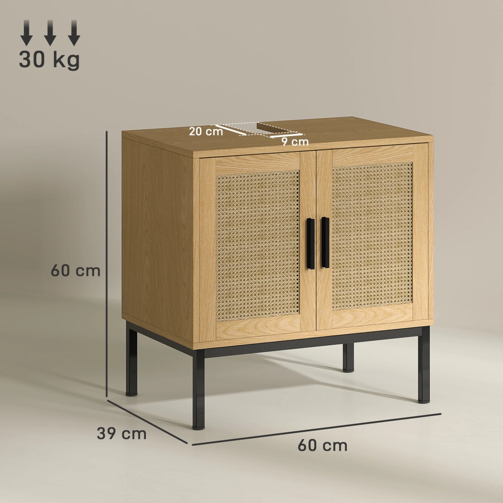 Mobiletto sottolavabo con ante in effetto rattan, struttura in legno, 60 x 39 x 60 cm, colore rovere