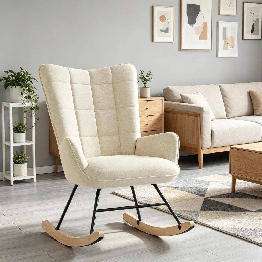 Sedia a dondolo ergonomica con schienale alto e braccioli curvi per lettura e relax in velluto e legno beige