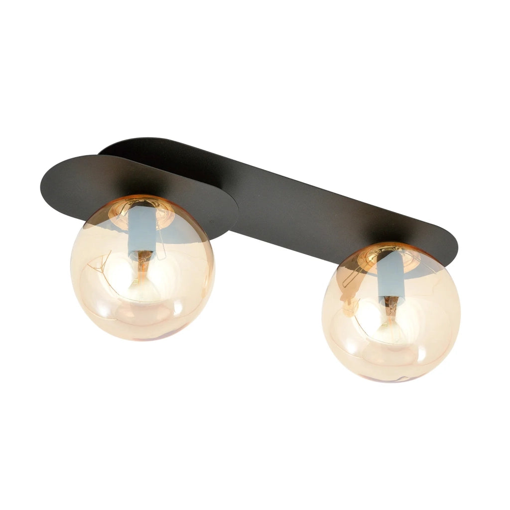 Plafoniera Minimal 2 Luci Teia In Acciaio Nero E Sfere Vetro Ambra