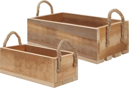 Scatole di Deposito in Legno con Maniglie a Corda (2 Pacchi) – Apertura Superiore Cassetto del Pallet Dozzina per Deposito – Ideali per Camera da Letto, Cucina, Bagno per Libri, Giocattoli, Abiti e Asciugamani