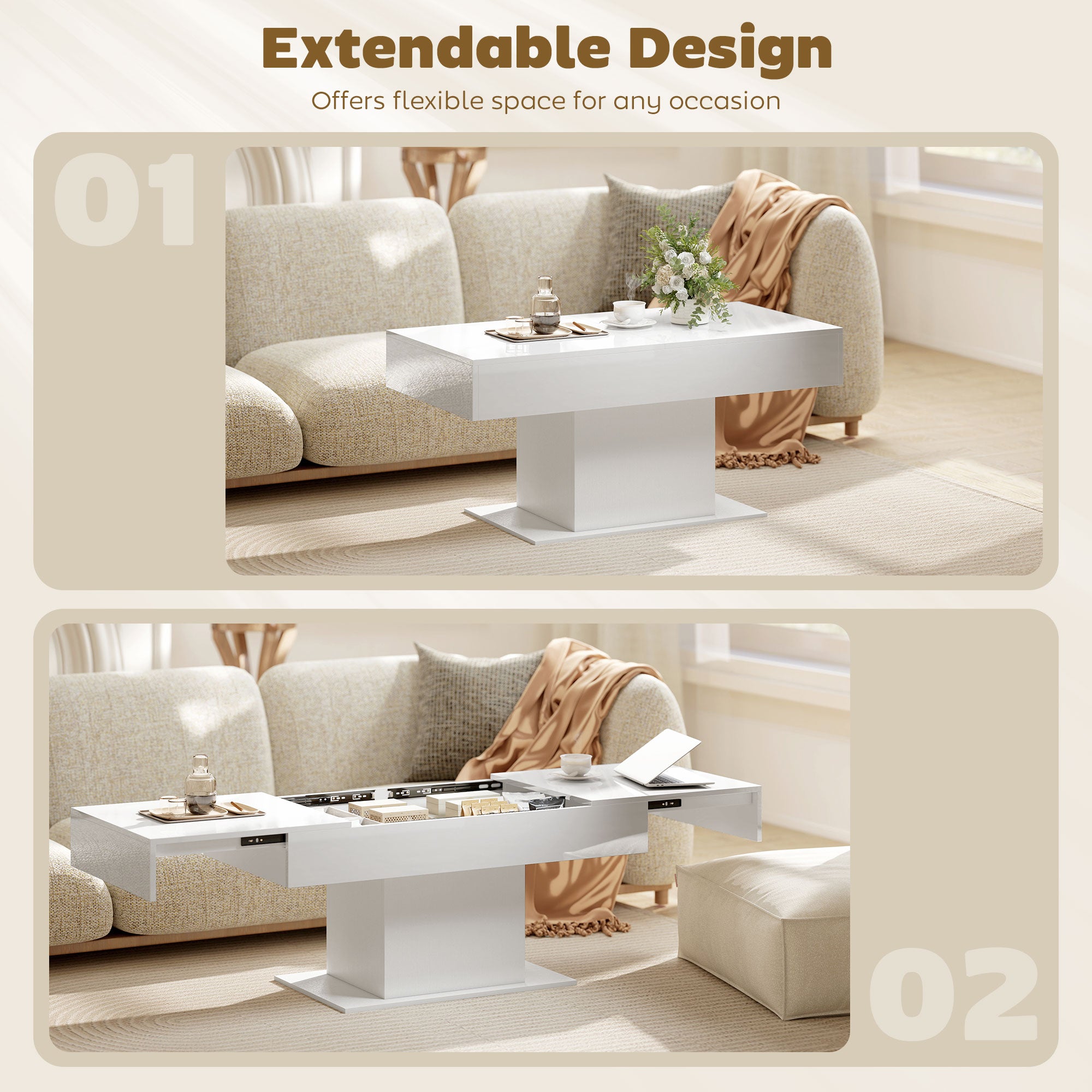 Tavolino da Caffè Estensibile 108-178.5x53x49 cm con Vano Contenitore Moderno Bianco Lucido