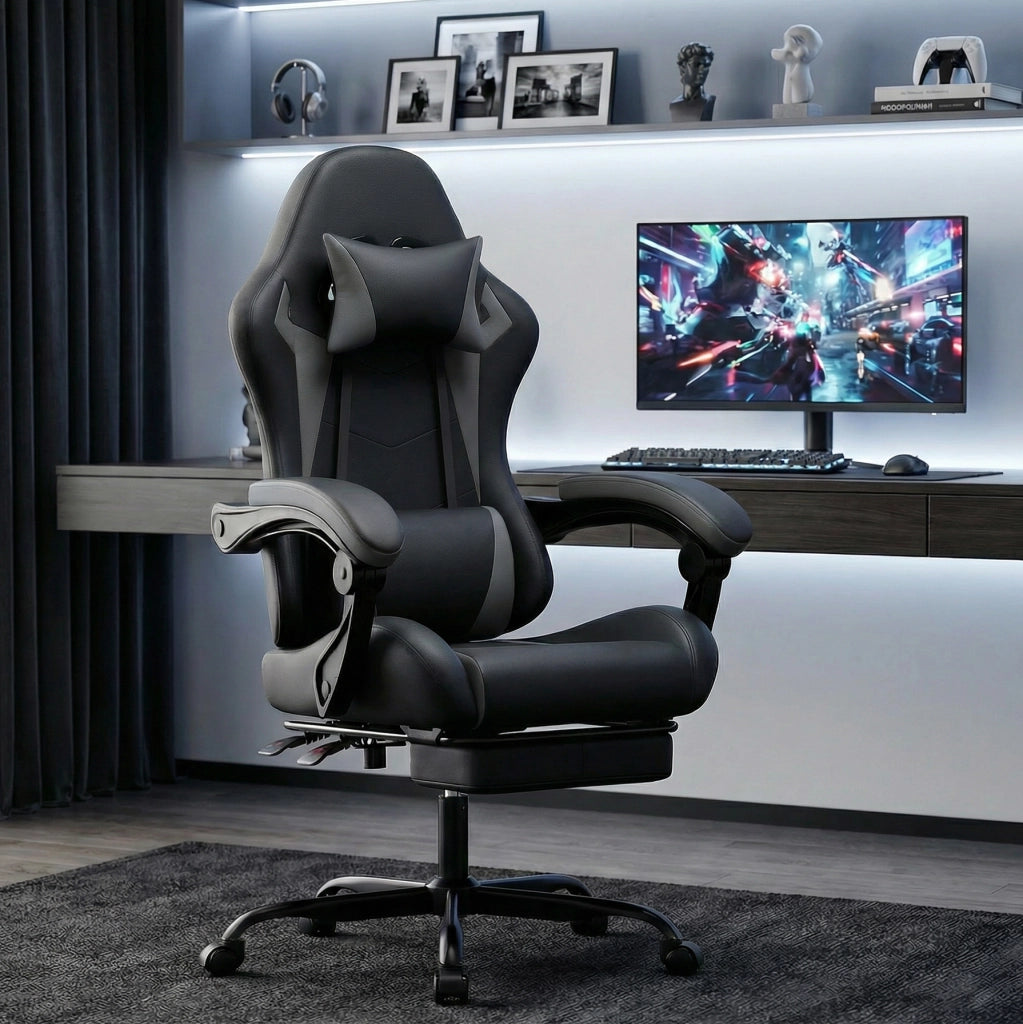 Sedia da gaming ergonomica reclinabile con poggiatesta; supporto lombare e poggiapiedi; nero/grigio
