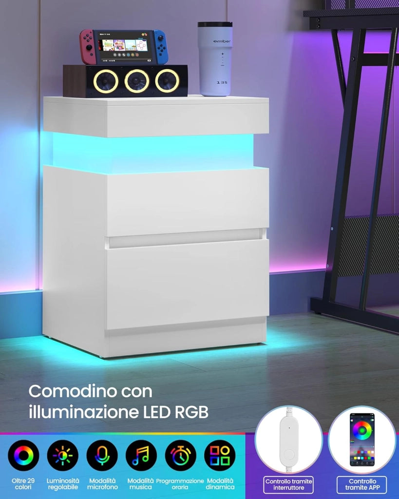VASAGLE KAILYN Collezione - Comodino con Multipresa, Tavolino con Piano Scorrevole, 2 Cassetti, Striscia LED, Stile Moderno, 35 x 40 x 55 cm, Bianco Neve LET640WB01