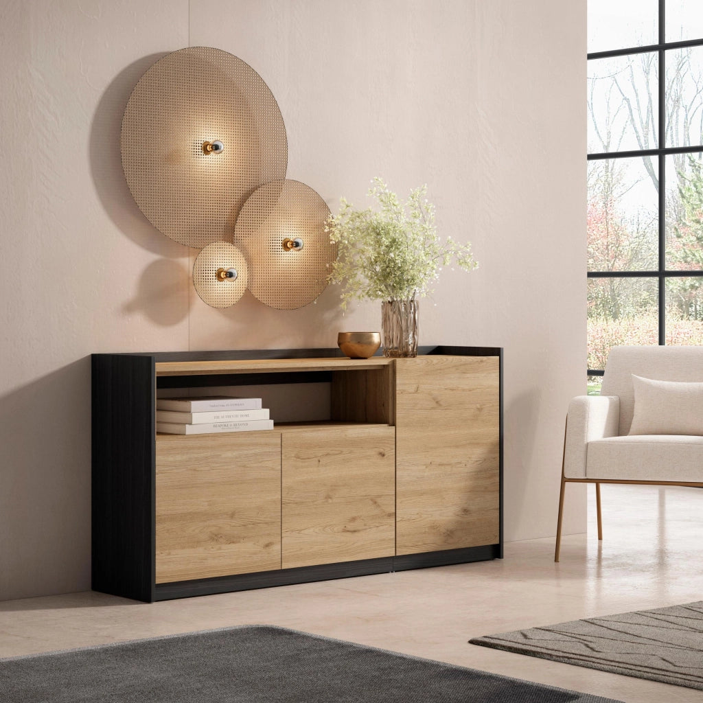 Credenza, Mobile, Cucina, 156x80x37 cm, 3 Porte, grande stoccaggio, Rovere e nero