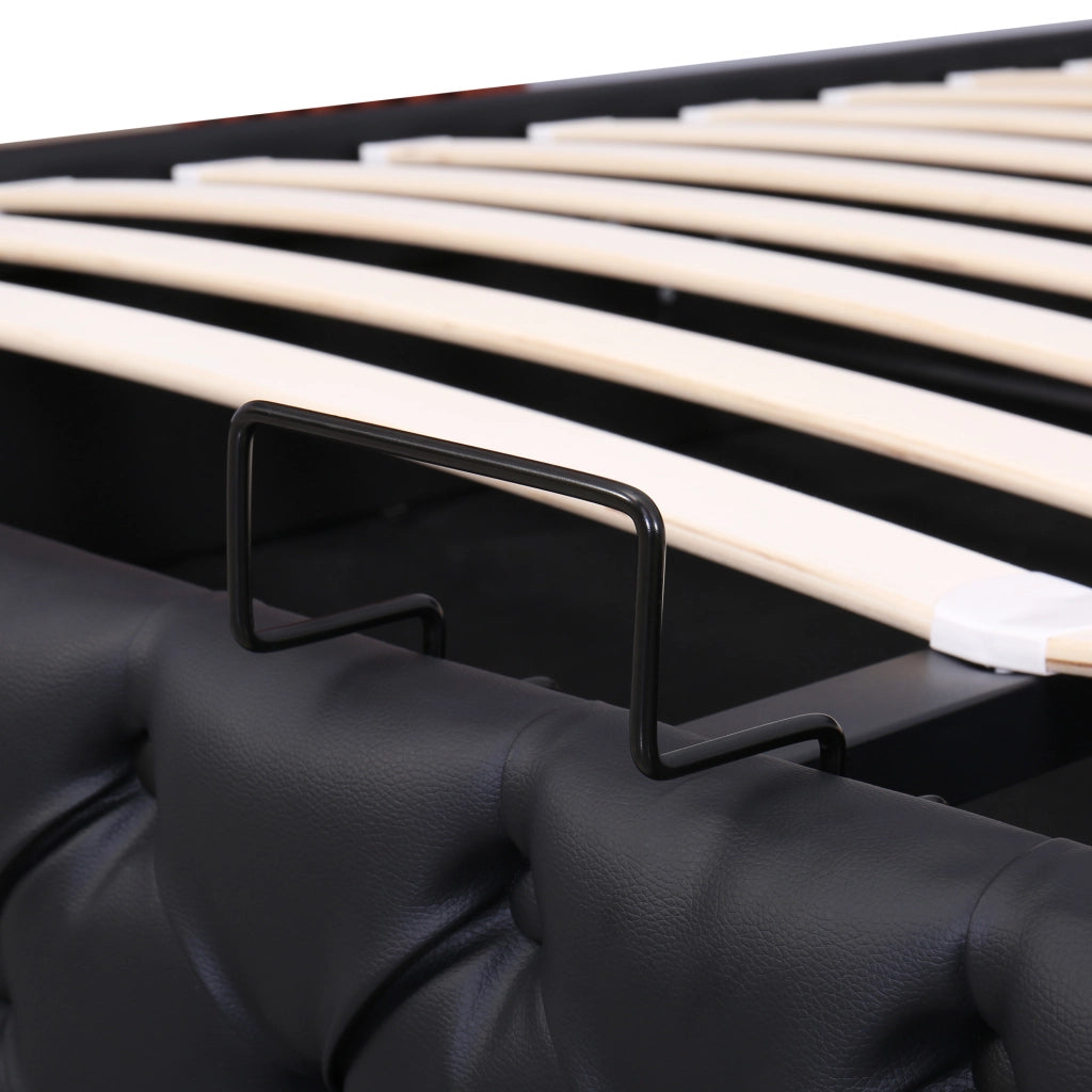 Letto imbottito 140x200 cm con contenitore; LED; PU nero