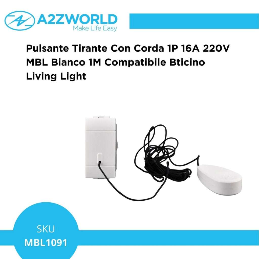 Pulsante Tirante Con Corda 1P 16A 220V MBL Bianco 1M Compatibile Bticino Living Light BLB1101