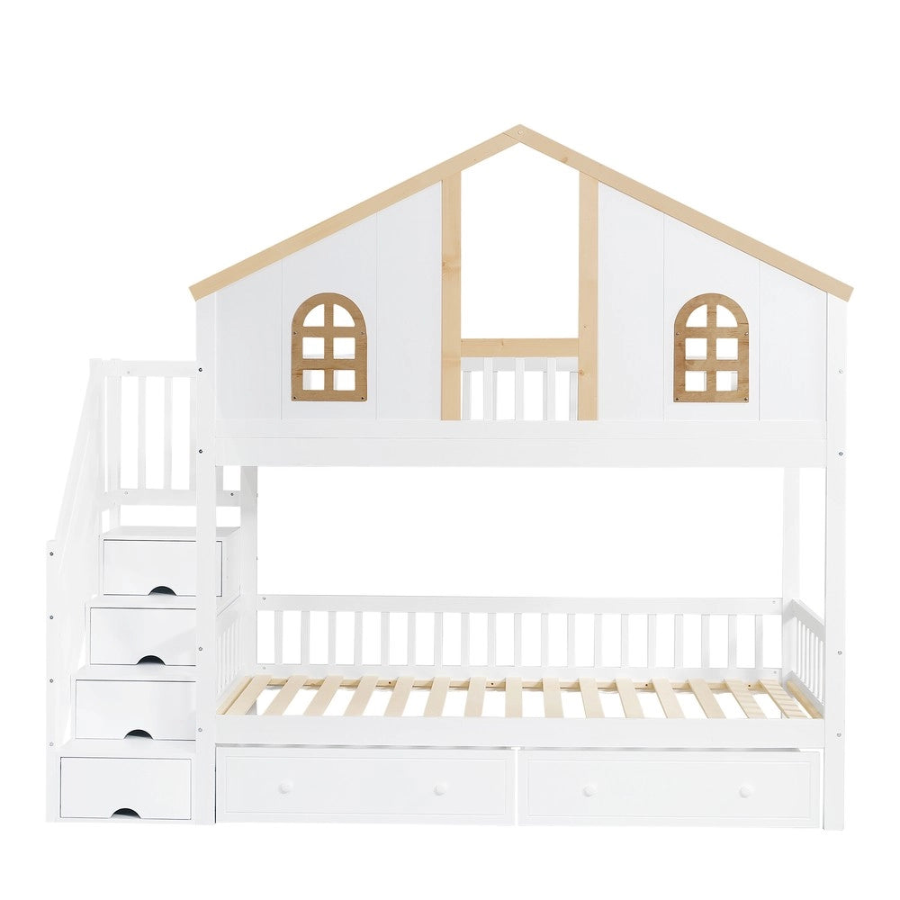 Letto a Castello Bambini con Cassetti e Scala ¨C Xylo ¨C Pino MDF Bianco Naturale 90x200