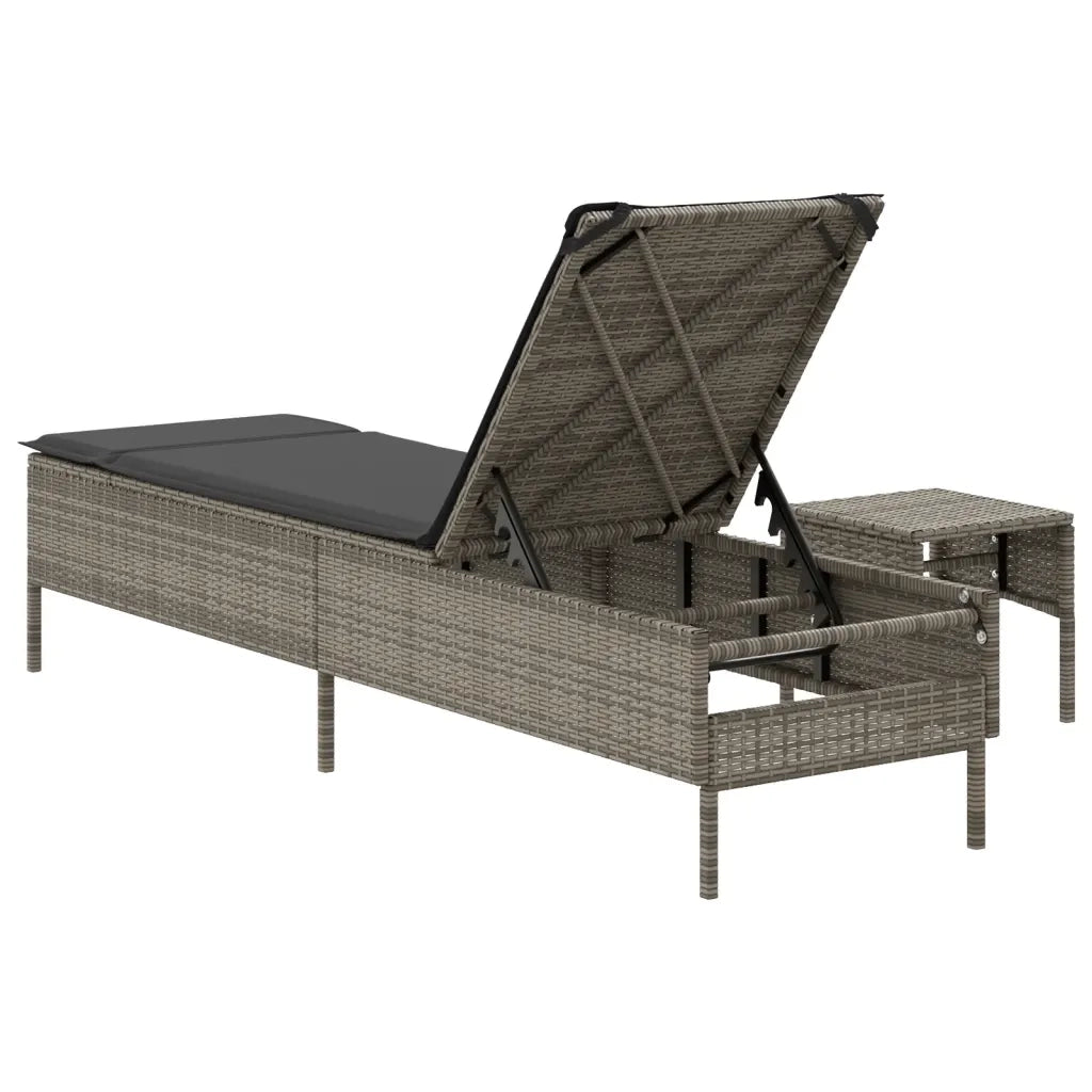 vidaXL Lettino Prendisole con Tavolo e Cuscino Grigio in Polyrattan