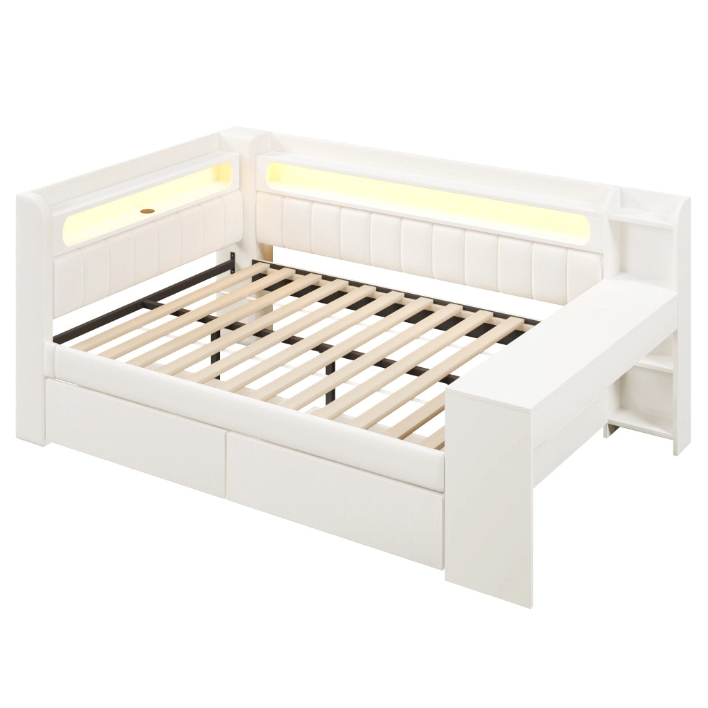 Letto a Divanetto 140x200 cm con USB; LED; Scrivania e 2 Cassetti; Bianco