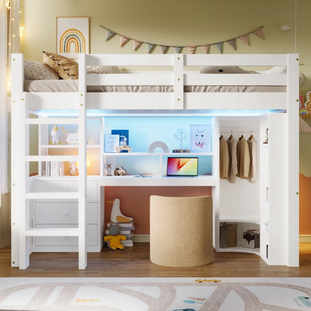 LETTO a soppalco 90x200 cm Legno massello Bianco con LED, scrivania e armadio