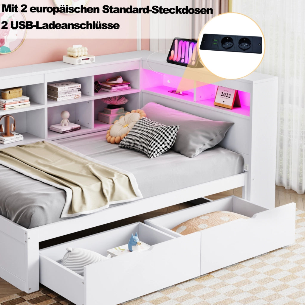 Divano letto multifunzionale in legno massello 90x200 cm con LED; USB e vani portaoggetti; bianco