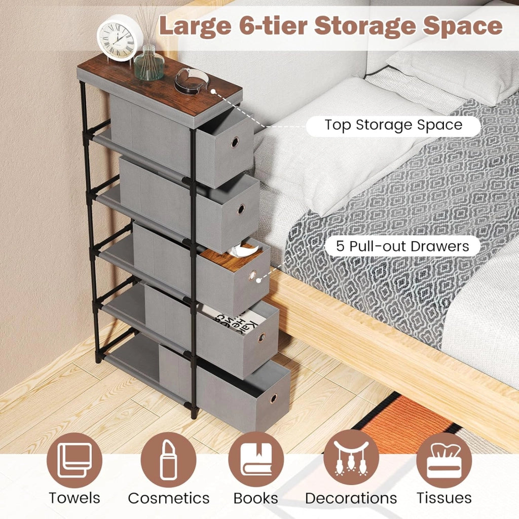 Comò a 5 Cassetti, Mobile da Soggiorno Stretto con Struttura in Metallo, Piano in Legno & Maniglie, Comò Compatto Ideale per Camera da Letto, Corridoio e Ingresso, 40 x 19 x 100cm (Grigio)