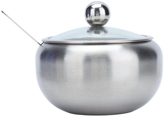Pentola di zucchero in acciaio inossidabile - Dispensatore di cucchiaio - Coperchio trasparente - Piccola pentola per erbe - Contenitore - Pratico e elegante